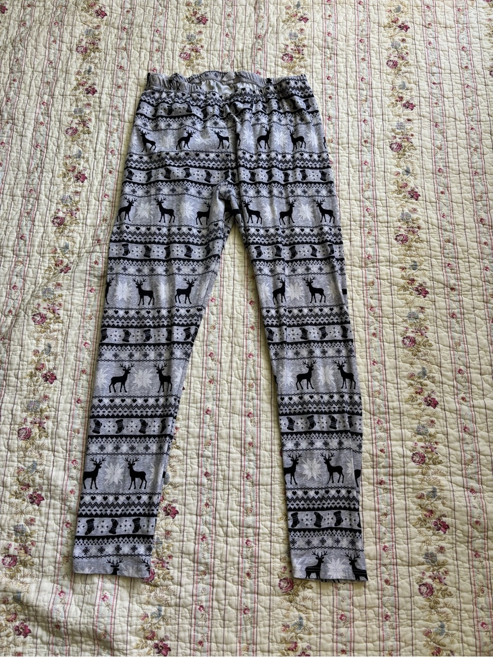 Pink Rose Gray and Black Reindeer Print Kids Leggings